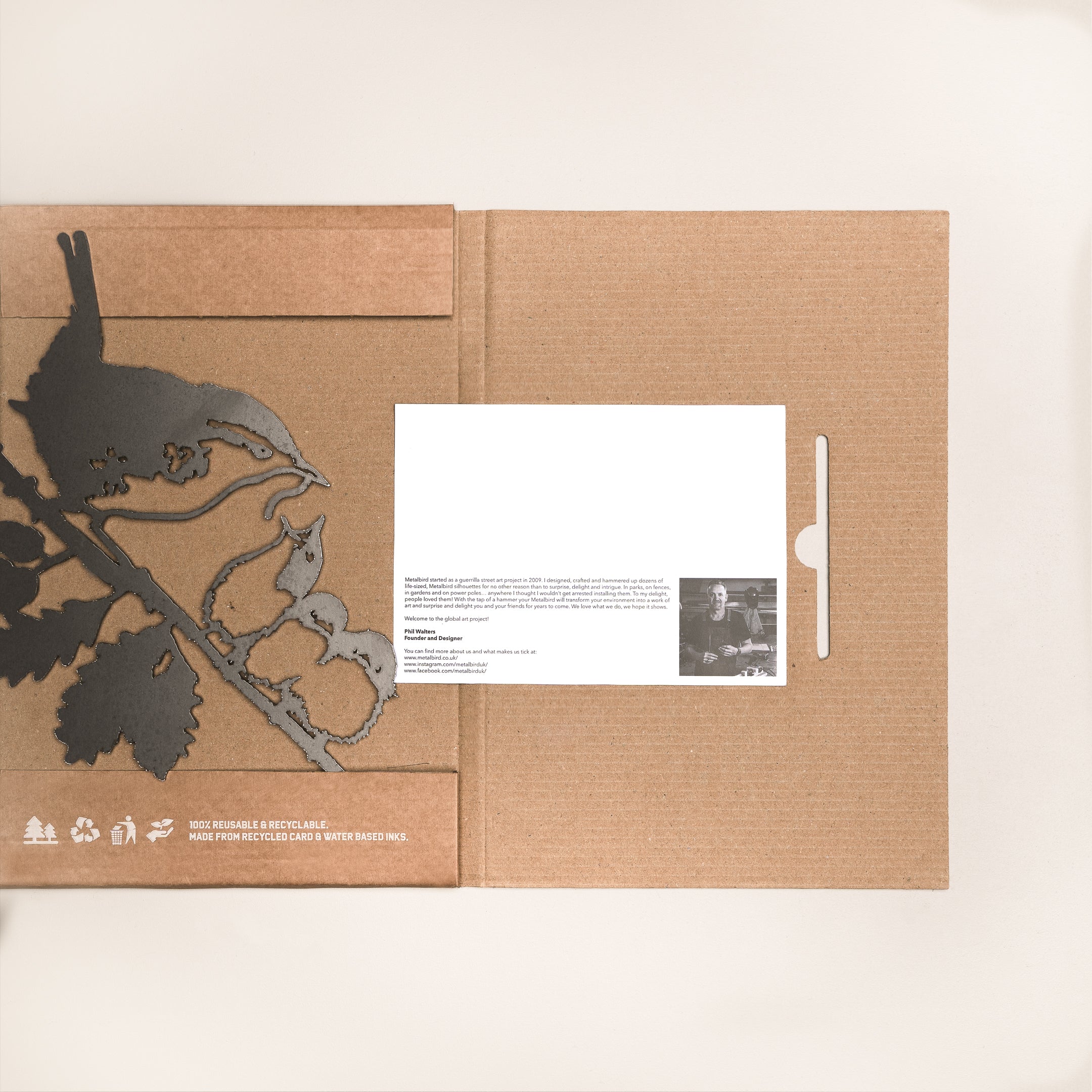 The Wren and Chicks folder by Metalbird UK features a black floral silhouette on brown card, with a slot holding a white card and grayscale photo—an ideal and unique gift presentation.