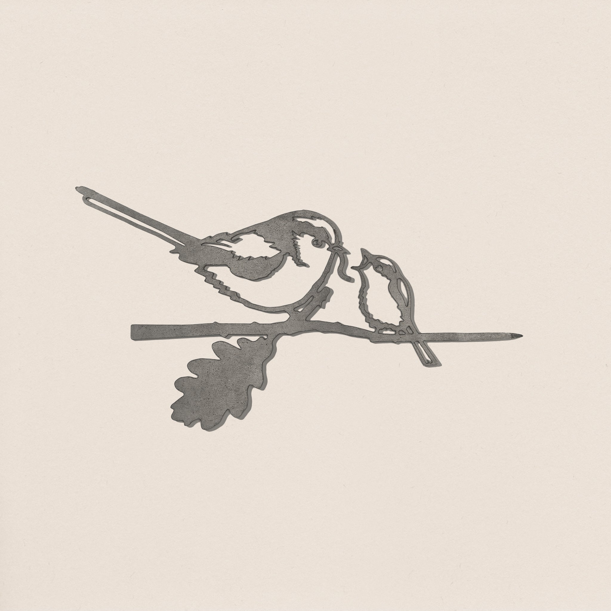 A minimalist, monochrome illustration of the Long-tailed Tit & Chick by Metalbird UK features two birds on a branch with a single leaf—simple, clean lines on a light background, perfect for elegant metal garden art inspiration.