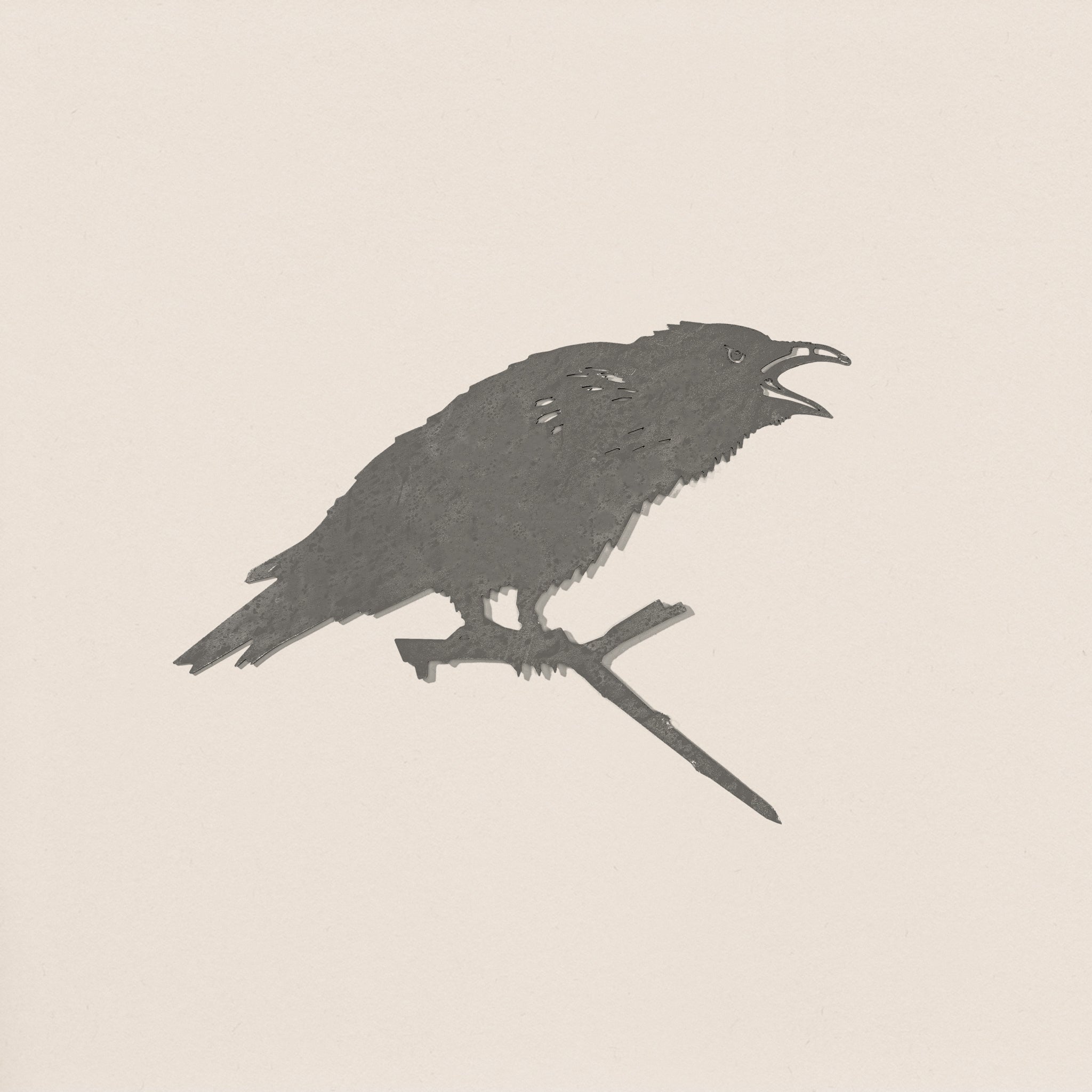 The "Raven" by Metalbird UK features a bold black silhouette of a crow with an open beak on a branch, set against a light beige background—ideal as unique garden art.