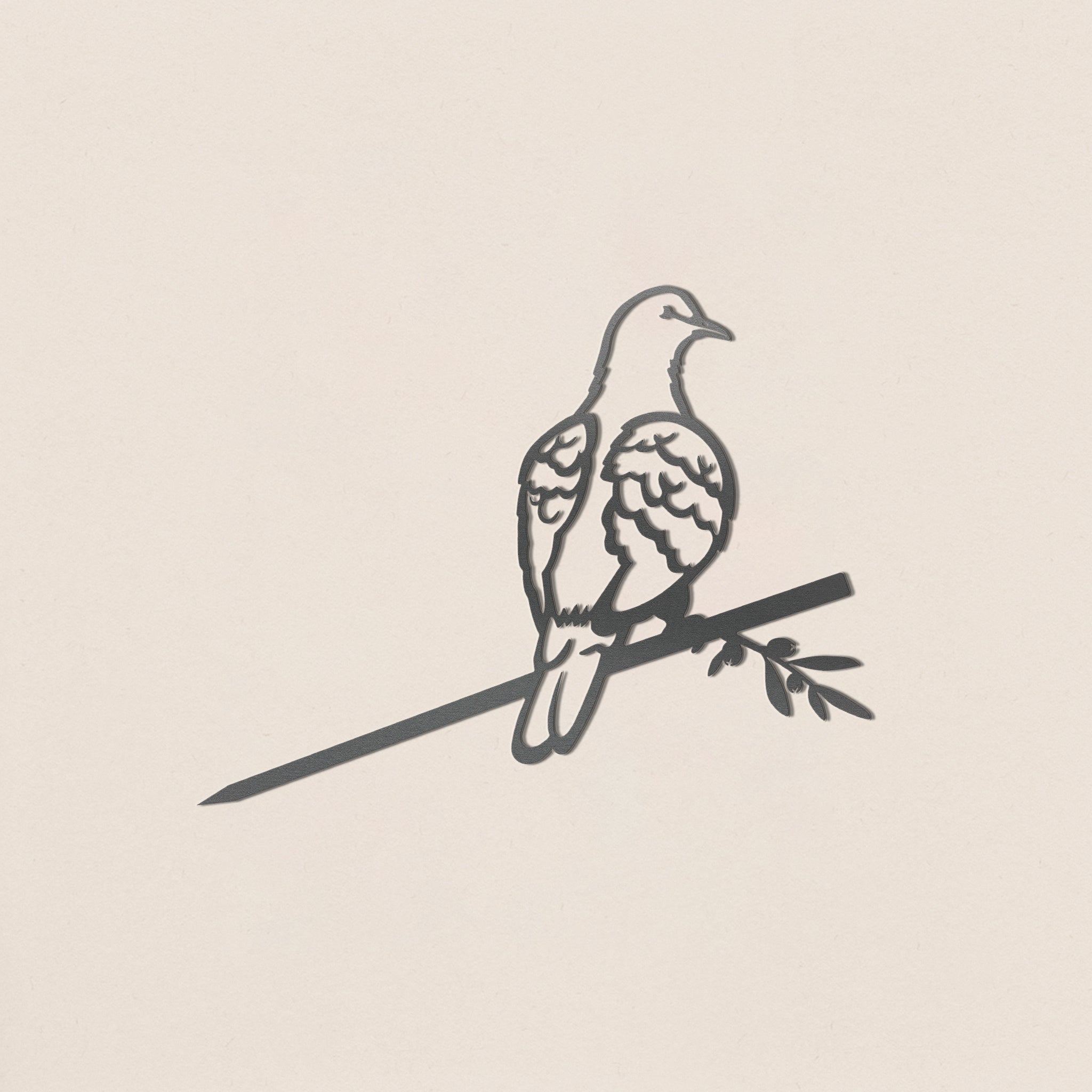 A simple black line drawing of a Turtle Dove perched on a leafy branch, by Metalbird UK, set against a plain light background—ideal inspiration for unique yard art or a thoughtful gift.
