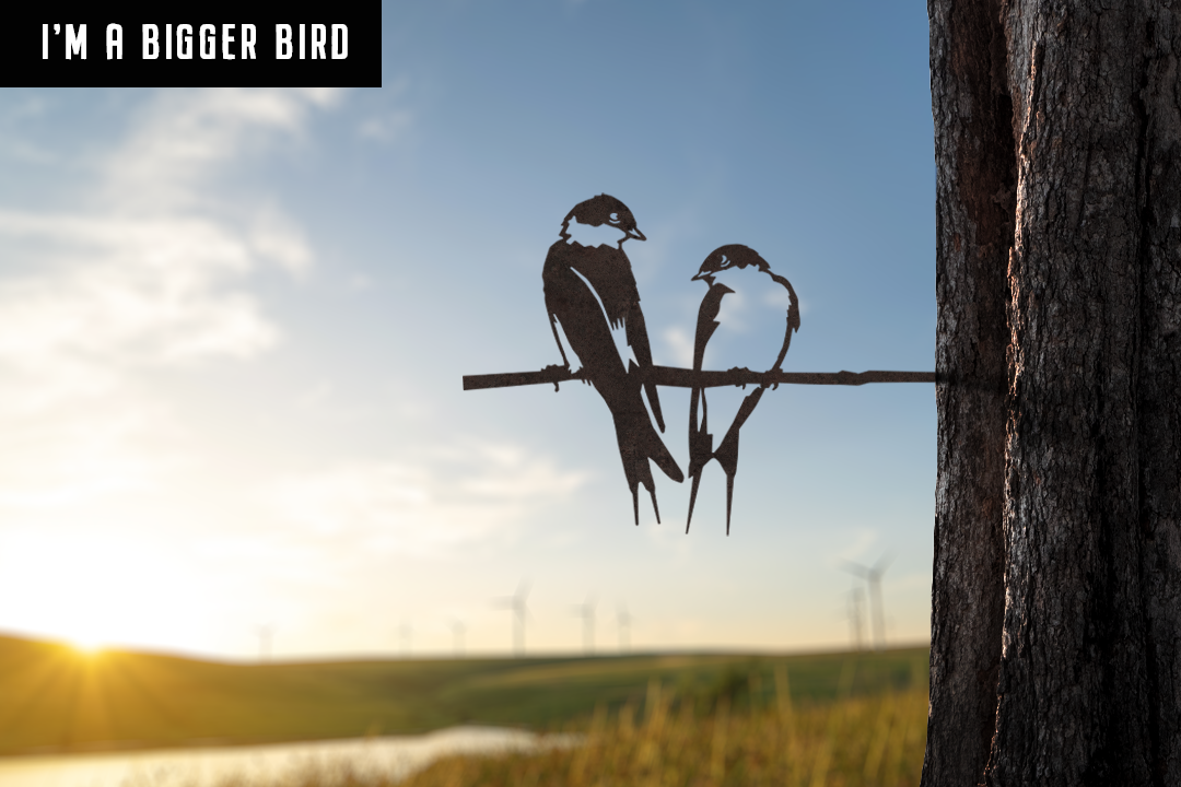 The Pair of Swallows - Large by Metalbird UK features two birds perched on a branch, attached to a tree trunk with wind turbines in the rural background. The caption "IM A BIGGER BIRD" adds charm—a unique metal gift idea.