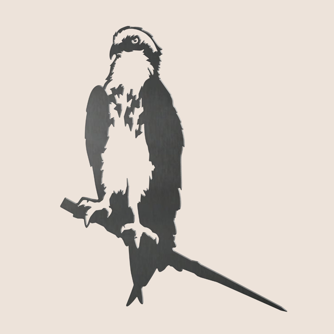 A sleek black-and-white silhouette of an osprey by Metalbird UK, perched on a branch against a plain light backdrop for a premium, modern look.