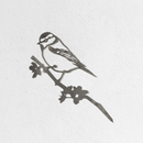 A simple, black stencil-style "Blue Tit - Seconds" by Metalbird UK, depicting a bird perched on a leafy branch—ideal as inspiration for corten steel yard art—set against a plain white textured background.