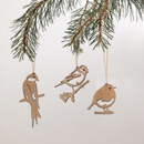 Three Wooden Hanging Decorations by Metalbird UK, each intricately cut from thin wood in unique bird silhouettes, hang from string on a pine branch against a plain white background, capturing the delicate charm of various birds.