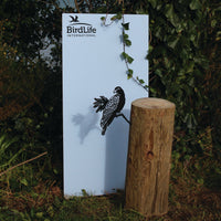 The Manumea sign by Metalbird UK - CC features a black bird silhouette, displayed outdoors among greenery with a leafy vine overhead and a wooden stump in front.
