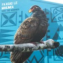 A blue-patterned mural featuring Metalbird UK's Manumea— a brown bird on a branch, with “FA’ASAO LE MANUMEA” and “SAVE THE MANUMEA” above, plus a subtle silhouette inspired by metal yard art.