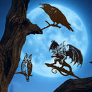 The Boo-tiful Bundle 🎃 by Metalbird UK features striking silhouettes of a raven, an owl, and a winged balrog on tree branches against a full moon—perfect Corten steel sculptures for your spooky Halloween yard or outdoor display.