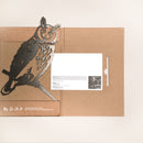 The Long-eared Owl by Metalbird UK is a brown cardboard folder with a cut-out corten steel owl on a branch, partially open to show a white info card with a small photo and text—a unique gift for garden art lovers.