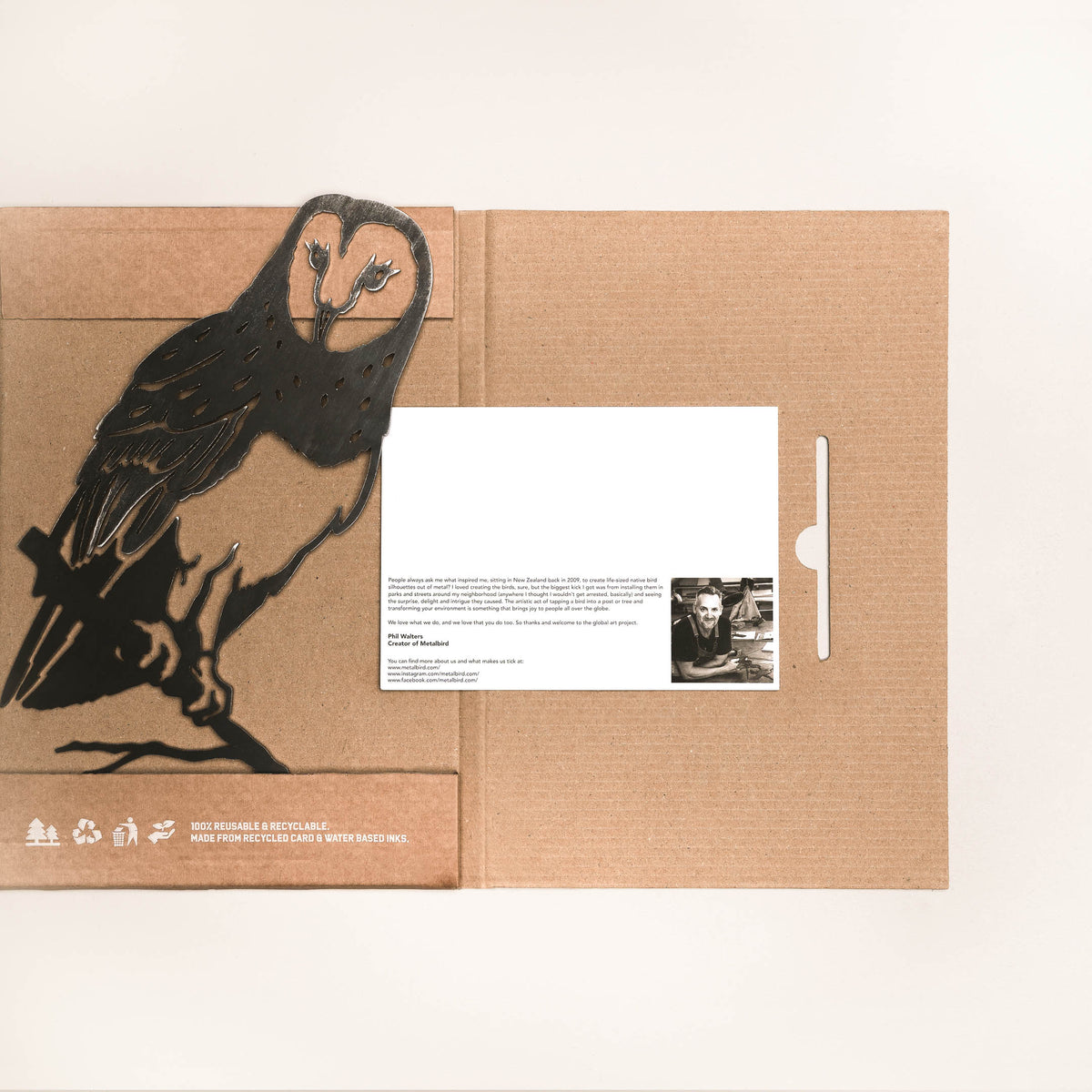 Barn Owl silhouette beside its flat Metalbird gift packaging and printed insert.
