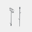 The Metalbird UK Pair Of Plant Stakes includes two black metal stakes: one with a bird and squirrel on a branch, the other with branching supports. Both have pointed ends for easy ground insertion and add charm to your garden.