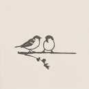 Pair of Sparrows" by Metalbird UK: A minimalist black and white illustration featuring two sparrows perched on a branch with leaves—ideal inspiration for metal yard art or corten steel decor.