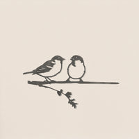 Pair of Sparrows" by Metalbird UK: A minimalist black and white illustration featuring two sparrows perched on a branch with leaves—ideal inspiration for metal yard art or corten steel decor.