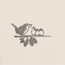 The Metalbird UK "Wren and Chicks" is a grayscale silhouette of a bird feeding two chicks on a leafy branch, set against a plain background—a heartfelt gift for any occasion.