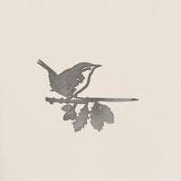 The Metalbird UK Wren is a metal silhouette of a small bird on a leafy branch, set against a light background. Its minimalist design highlights the bird and branch, making it a beautiful and thoughtful gift.