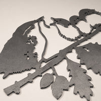 The Metalbird UK "Wren and Chicks" is a stunning metal silhouette artwork of wrens on a branch—ideal for unique yard decor or as a thoughtful gift.