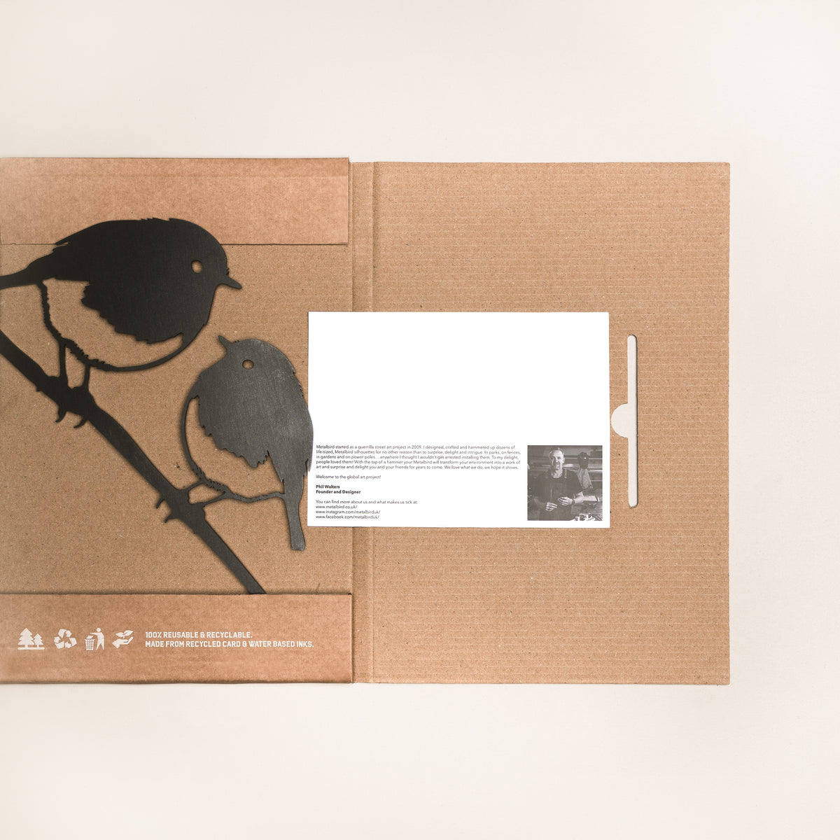 Robin Pair steel silhouette laid across open cardboard packaging with an information card.