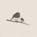 Robin and Chick by Metalbird UK features a minimalist silhouette of a large robin and its chick perched on a branch against a light background—ideal as a gift or delightful garden art.