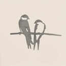 The Pair of Swallows by Metalbird UK features a minimalist design of two birds on a branch in simple gray lines, set against a light background—an elegant choice for yard art or as a thoughtful gift.