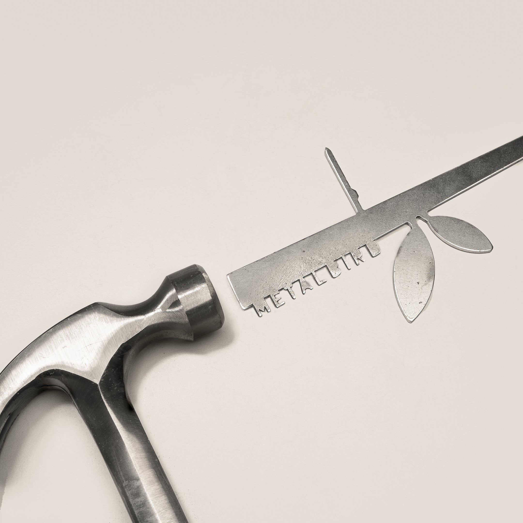 The Metalbird UK Stick Feeder faces a metal ruler with leaf cutouts and "EVOLUTION" text, creating unique metal garden art—an ideal gift for nature and design lovers.