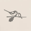 A minimalist, monochrome illustration of the Long-tailed Tit & Chick by Metalbird UK features two birds on a branch with a single leaf—simple, clean lines on a light background, perfect for elegant metal garden art inspiration.
