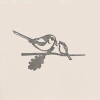 A minimalist, monochrome illustration of the Long-tailed Tit & Chick by Metalbird UK features two birds on a branch with a single leaf—simple, clean lines on a light background, perfect for elegant metal garden art inspiration.