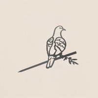 A simple black line drawing of a Turtle Dove perched on a leafy branch, by Metalbird UK, set against a plain light background—ideal inspiration for unique yard art or a thoughtful gift.