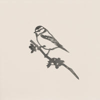 Minimalist ink illustration of a Blue Tit silhouette perched on a leafy branch by Metalbird UK, perfect as garden art or a thoughtful gift, set against a plain, light background.