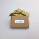 Two brown cardboard gift boxes on a light surface—one with a green ribbon bow and the other labeled "METALBIRD PROUDLY MADE IN EUROPE." Ideal packaging for Metalbird UK's Baby Bird Bundle - Swallow Trio, crafted in corten steel.
